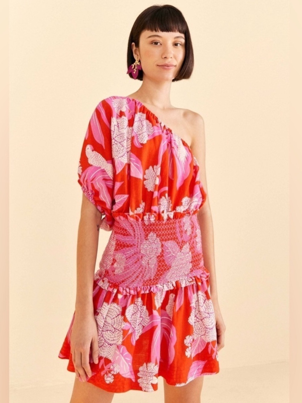 FARM Rio Red Dewdrop One-Shoulder Floral Mini Dress